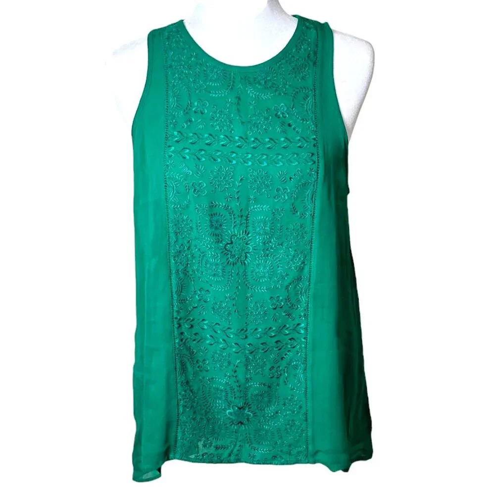 LUCKY BRAND Embroidered Detail Bright Green Tank Top Lined Blouse - Size Medium - Picture 1 of 9